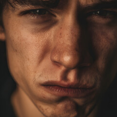 Fototapeta premium A poignant close-up portrait captures the raw, vulnerable emotion of a young man grappling with profound sadness and despair, reflecting a deep internal struggle and hardship
