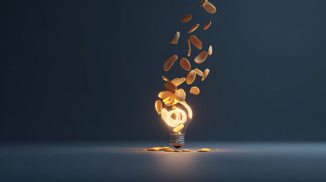 lightbulb. A glowing lightbulb surrounded by floating abstract shapes, radiating warm light against a dark gradient background. STEM education sheets.