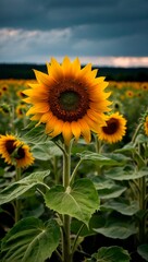 Obraz premium A vibrant field of blooming yellow sunflowers standing against a dramatic cloudy sunset sky. 