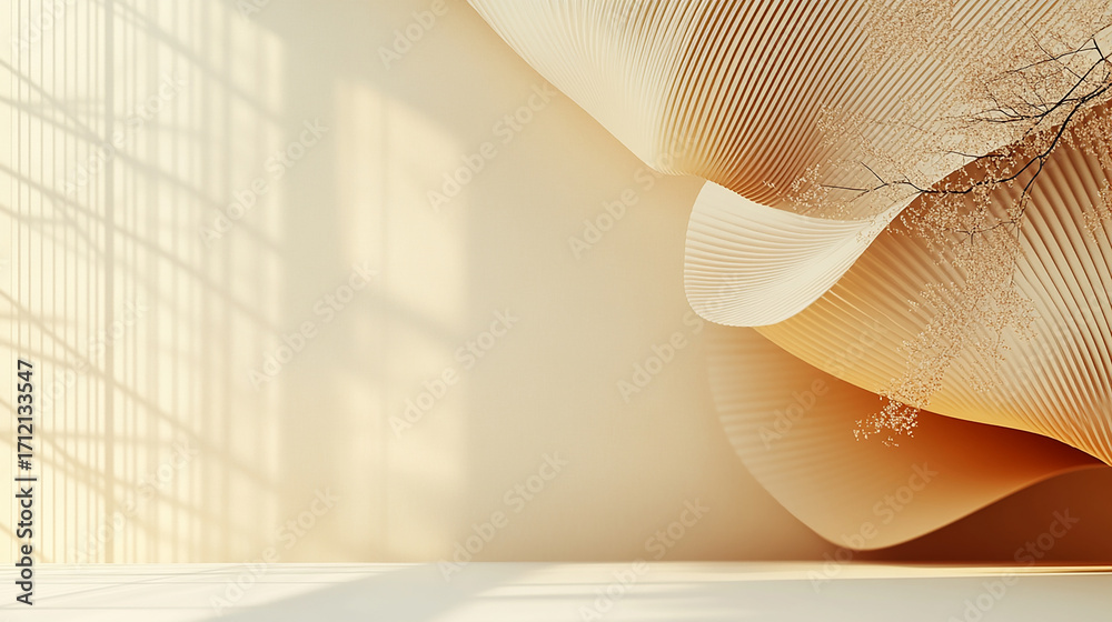 Wall mural minimalist beige and cream background with elegant wavy forms and a small tree branch. a serene and 
