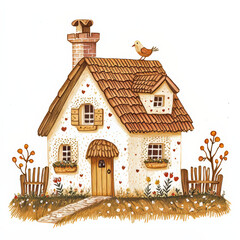 Cute rustic house with bird on roof, countryside autumn whimsical cottage illustration, cozy children’s art for nursery decor, prints and fantasy seasonal design