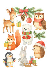 Christmas woodland animals illustration with squirrel, deer, owl, polar bear, rabbit and hedgehog, cute festive winter holiday characters with gifts and decorations