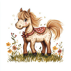 Adorable pony horse with decorated saddle, cute farm animal illustration in rustic countryside autumn style, whimsical children’s art for nursery prints and books