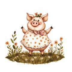 Cute pig in floral dress, smiling farm animal character illustration in whimsical style, rustic autumn countryside design for children books, prints and decor