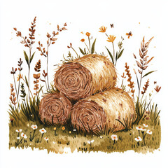 Autumn countryside field with hay bales, rustic harvest landscape illustration in warm earthy tones, farm village scene for seasonal design and country lifestyle art