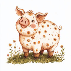 Cute piglet standing on grass, smiling farm animal character illustration in warm autumn rustic style, countryside children’s art for nursery design and prints