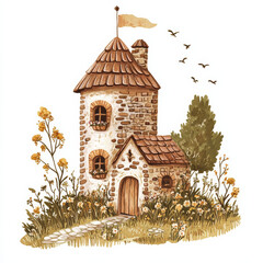 Cute fairytale stone tower house with wooden roof and garden plants, whimsical fantasy cottage illustration in warm autumn colors, cozy countryside design for kids decor and prints