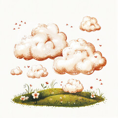 Fluffy cartoon clouds floating in the sky, whimsical nature illustration in rustic pastel tones, dreamy countryside children’s art for nursery prints and seasonal design