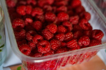 Raspberries in a plastic container.  Harvesting.