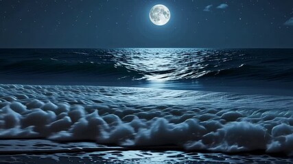 Serene ocean waves gently lap the shore under a luminous full moon and starry night sky. - Powered by Adobe