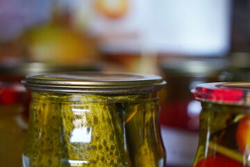 Jars of pickled cucumbers. Harvesting.