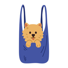 Puppy sitting inside the pet carrier bag looking out flat vector illustration isolated on white.