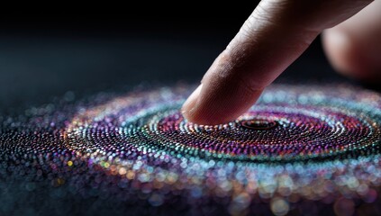 Fingertip touches a swirling, iridescent pattern