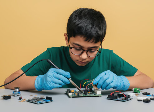 Young boy wearing gloves soldering electronic circuits on a microcontroller board for a science and technology learning project