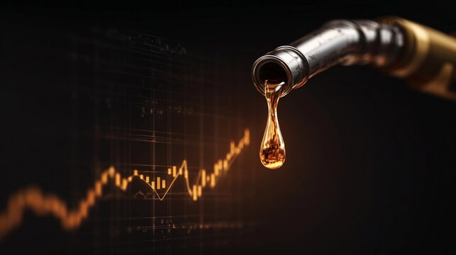 Fuel pouring from a nozzle against a dark backdrop with a graph showcasing oil price changes during market trading hours