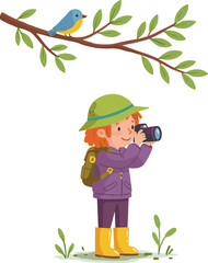 Cartoon child birdwatcher, kid taking photo, bird on branch, outdoor nature exploration, wildlife photography, adventure, cute character, vector illustration
