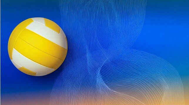 Volleyball in motion with vibrant blue background, symbolizing energy and excitement during a game