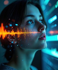 Woman with vibrant sound waves illustrating technology and creativity in a modern digital environment showcasing audio visualization and artistic expression