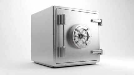 Metal safe with a circular lock positioned on a light surface showcasing its sturdy design and secure features used for protection of valuables