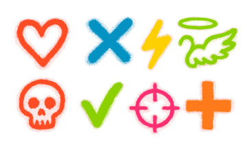 Obraz premium Colorful graffiti spray paint symbols set with heart, cross, lightning bolt, angel wings, skull, check mark, and target sight with spray texture, vibrant vector signs for design