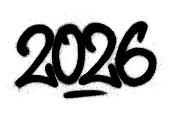 Urban graffiti 2026 sprayed tag with black overspray effect on white background, bold street art font style, grunge vector cartoon illustration with transparent background, edgy modern design