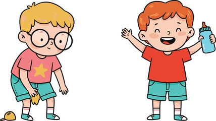 Cartoon kids illustration, two happy boys, child with glasses, cute smiling boy, baby bottle, childhood fun, playful children drawing