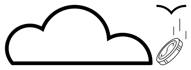 Minimalist cloud paired with a falling coin, underlined by a bird silhouette. Ideal for cloud storage, finance, investment, technology, digital economy, innovation and simplicity themes. Captures