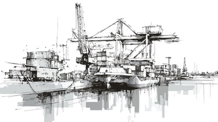 Fototapeta premium Container Port Logistics Sketch: Cargo Ship and Cranes in Action