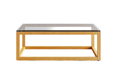 Minimalist glass coffee table with light wood base designed for contemporary interiors combining elegance simplicity and modern living style isolated on transparent background PNG