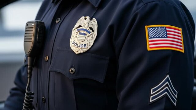 Uniformed Male Police Officer in Dark Blue Shirt with Badge and Radio Communications Equipment