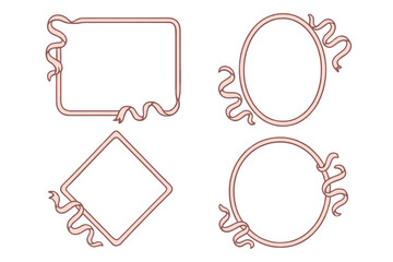 Set of elegant hand-drawn pink geometric frames with wavy ribbons. Vintage style borders for quirky holiday, wedding, or party invitations. Decorative curly vector elements.