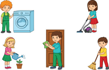 Children doing household chores illustration, kids cleaning, vacuuming, watering plants, washing laundry, sweeping floor, home responsibility, daily routine, family education