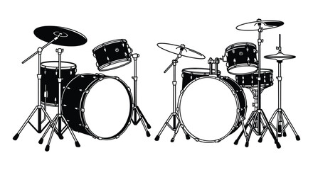 Black and white illustration of a complete drum set for music creation