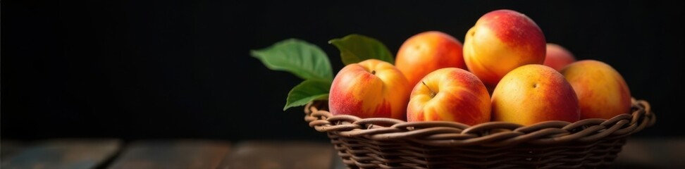 Plump, golden apricots in a woven basket against a stark black backdrop , composition, detail, delicious
