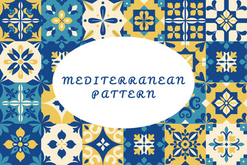 Meditteranean tiles frame with place for text. Blue and yellow geometric squares. Ethnic ornament, pattern, background. Italian, Greek, Portugal, Spanish style. Vector.