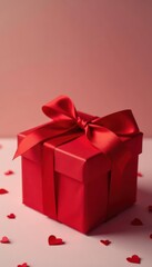 Obraz premium Red gift box closeup, elegant red bow Birthday, Valentine's, Mother's Day , holiday gift, detail, red