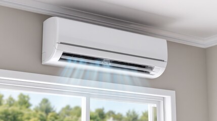 A white, wall-mounted air conditioning unit blows cool blue air into a room with beige walls, above a window showing green trees.