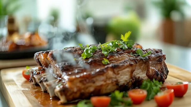 Delicious ribs cooking in a beautiful kitchen setting