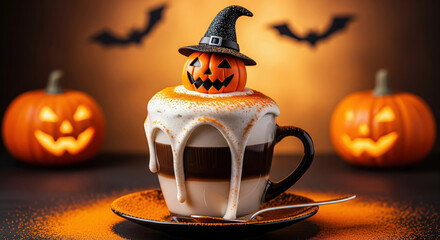 Halloween pumpkin spice latte with a jack o'lantern wearing a witch hat. Festive and spooky coffee drink with holiday background.