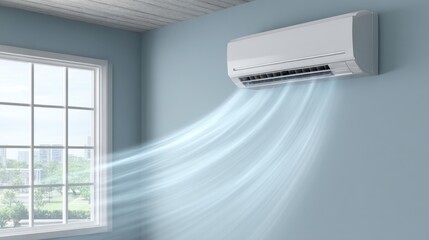 A white wall-mounted air conditioner unit actively blows cool air across a light blue room, featuring a large window overlooking a city park.