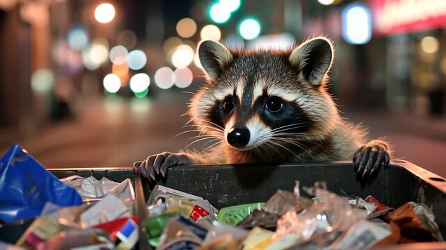 Raccoon rummaging through trash bin at night in urban setting.