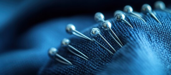 Close-up pins in blue fabric; sewing detail