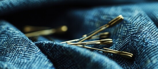 Safety pins on denim fabric, close-up shot, textile texture background, sewing craft