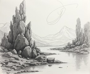 Serene Landscape with Rocky Formations, Calm Water Reflection, Majestic Mountains in Background, Pencil Drawing Art, Monochrome Nature Illustration