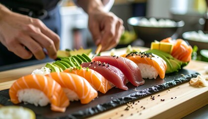 Fresh sushi preparation in a kitchen