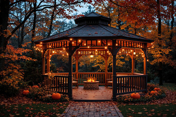 Cozy autumn gazebo with string lights and a fire pit at dusk. Inviting backyard scene with pumpkins and fall foliage.