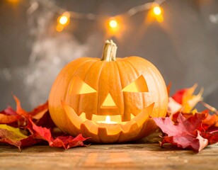 Halloween pumpkin lantern on wooden table