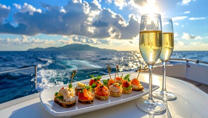Yacht party, sea food, drinks
