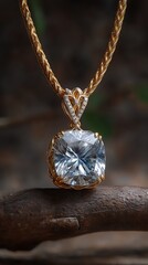 Elegant Gold Necklace with Cushion Cut Clear Gemstone and Diamond Accents on Wood