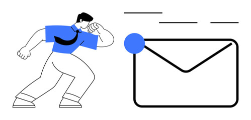 Male figure throwing a large envelope symbolizing speed, efficiency, communication. Ideal for corporate messaging, email marketing, teamwork, delivery, digital solutions, notification simple flat